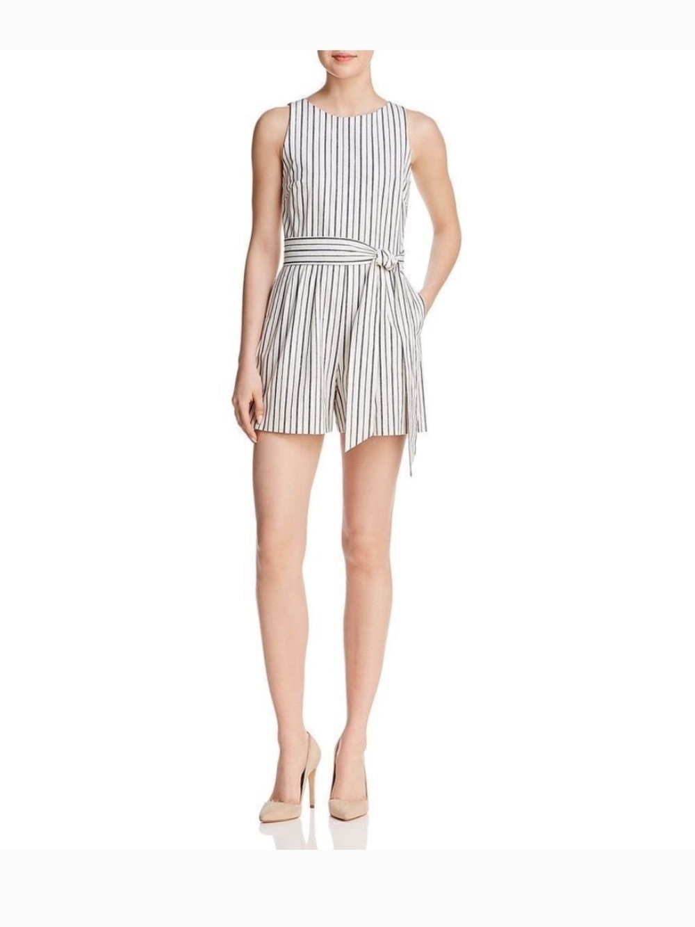 Alice + Olivia Melaine Cream and Black Striped Tie-Waist romper NWT